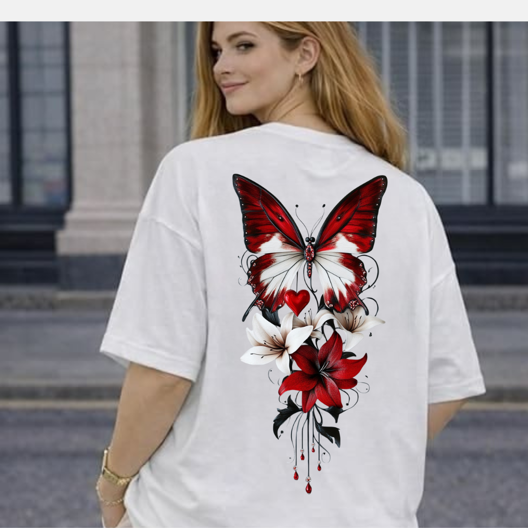 MNW T SHIRT Crimson Butterfly & Lily Graphic T-Shirt