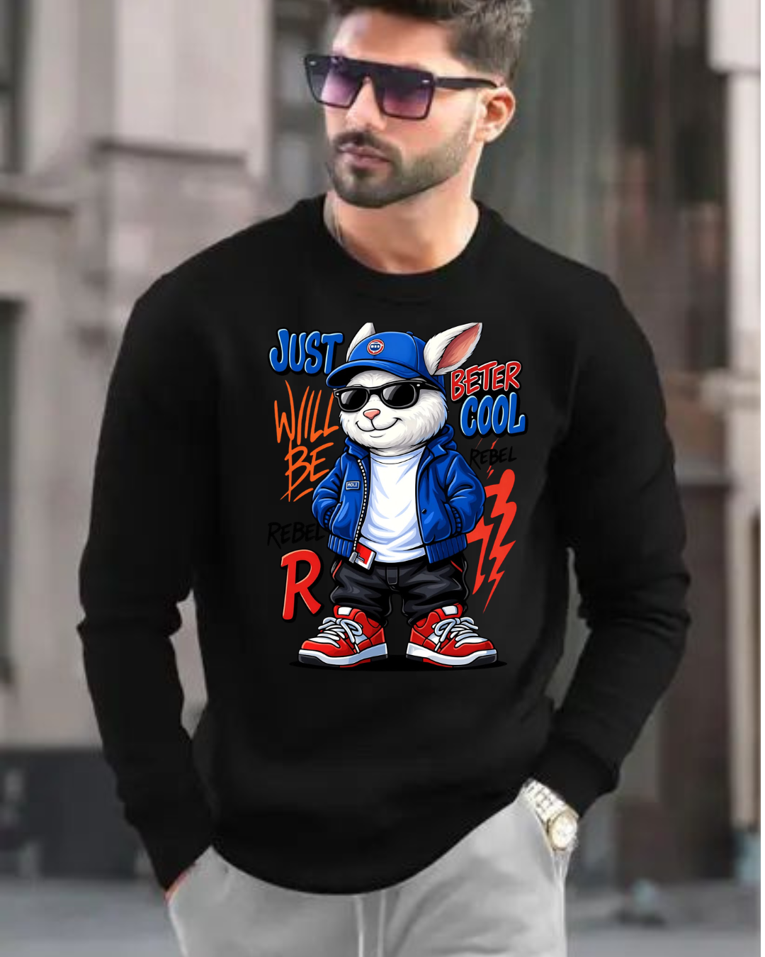 MNW Sweatshirt Men Rebel Rabbit Graphic Crewneck Sweatshirt - Black
